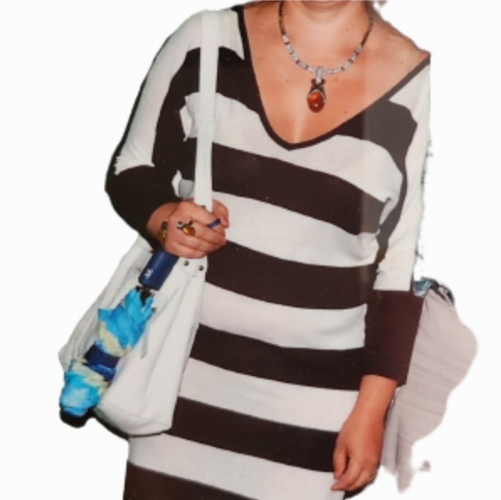 Anna T Stripped Sweater Dress Deep V-neck